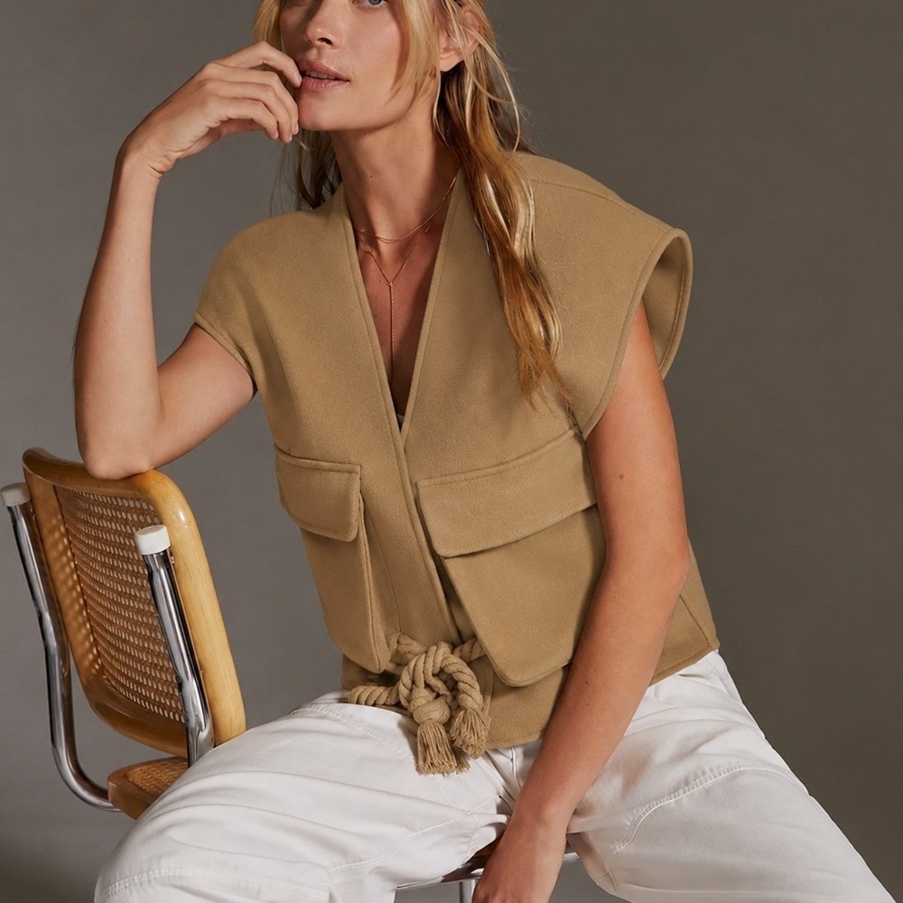 Maeve by Anthropologie Academy Utility Vest One Size Beige Rope Tie Cropped Boho